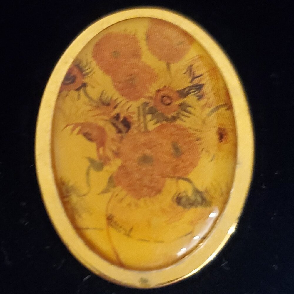 VAN GOGH 'Sunflowers' Vintage Brooch Pin Oval Domed Glass Gold Tone Bezel & Base